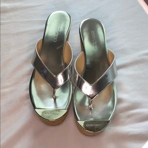 Jimmy Choo Silver Patent Leather Cork Sandal 37
